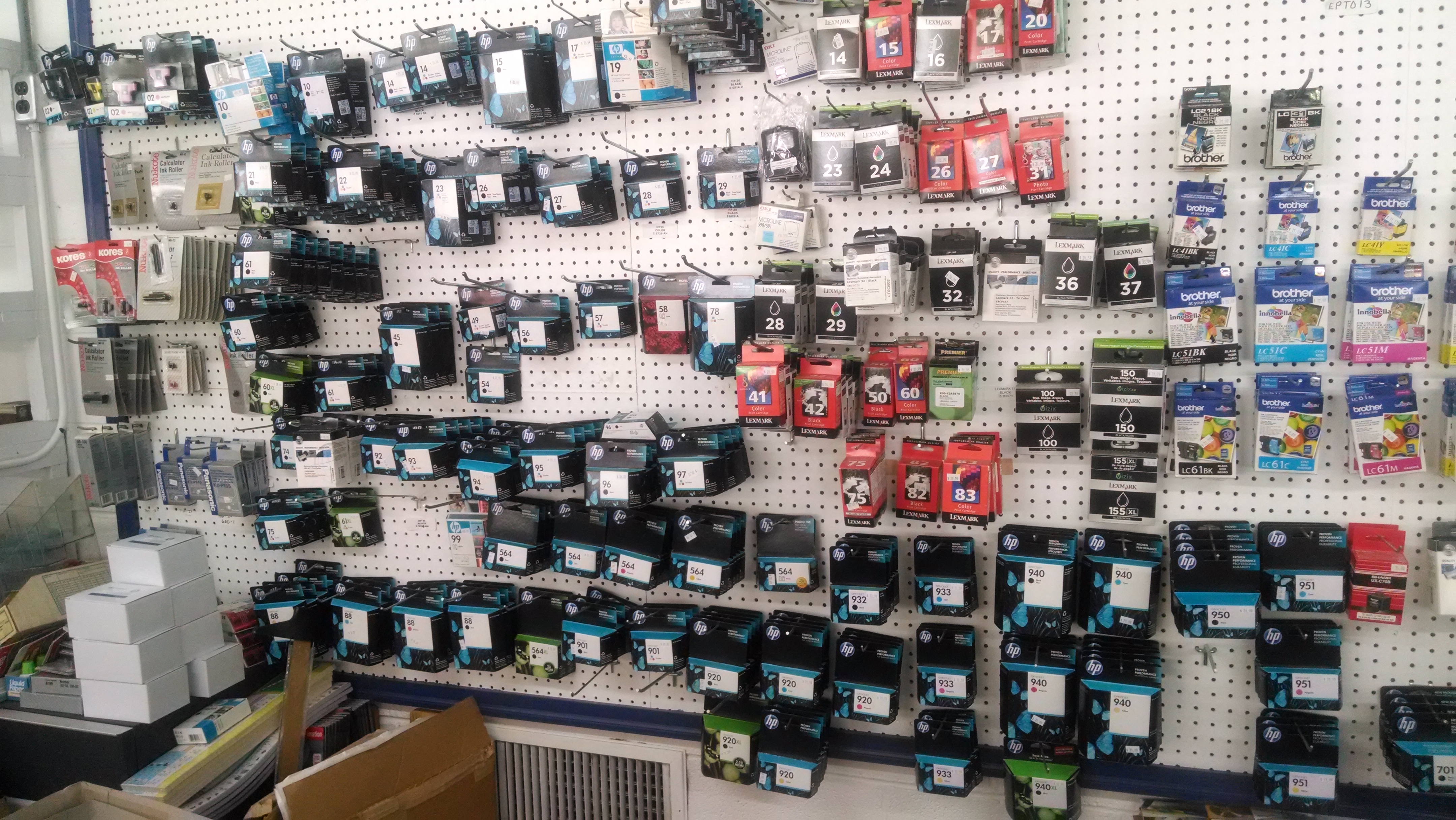 Printer cartridges arranged on the store shelves